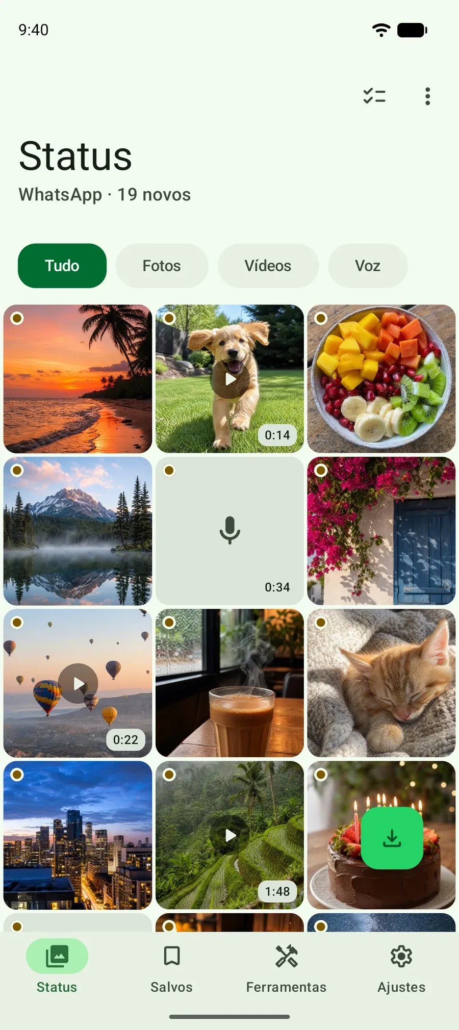 App Selu: uma grade de fotos e vídeos de status que você viu, prontos para salvar.