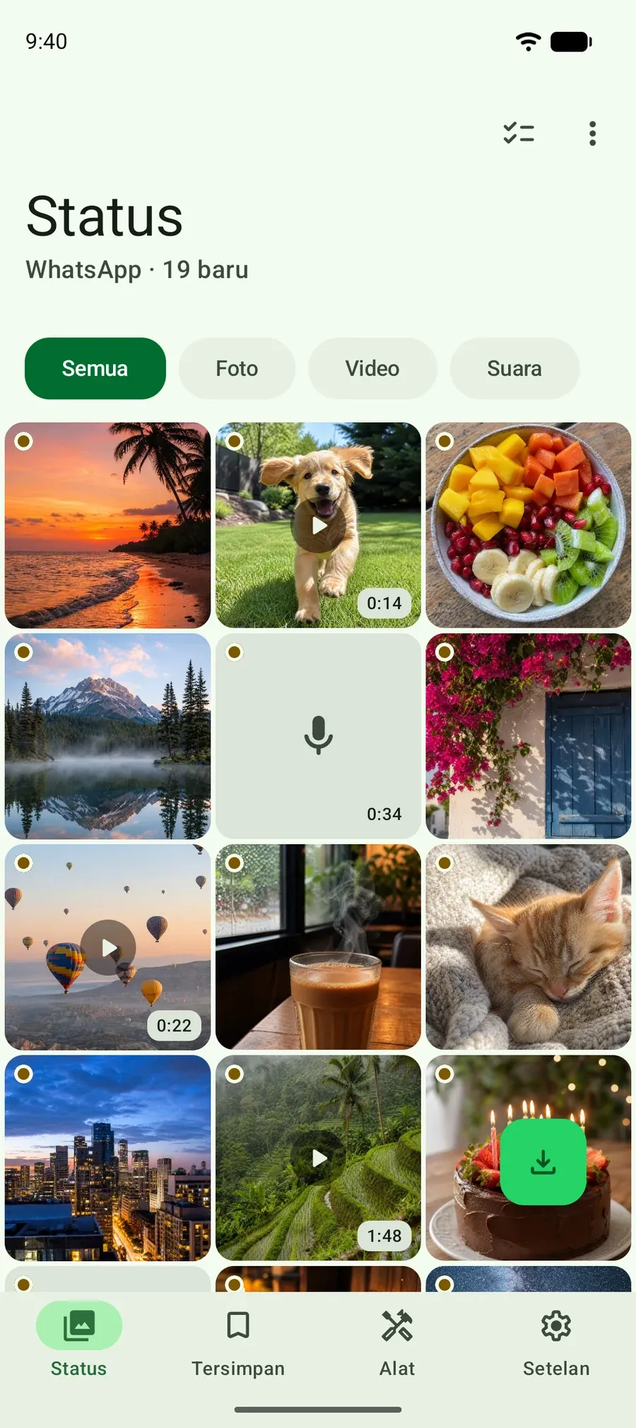 Aplikasi Selu: grid foto dan video status yang sudah Anda lihat, siap disimpan.