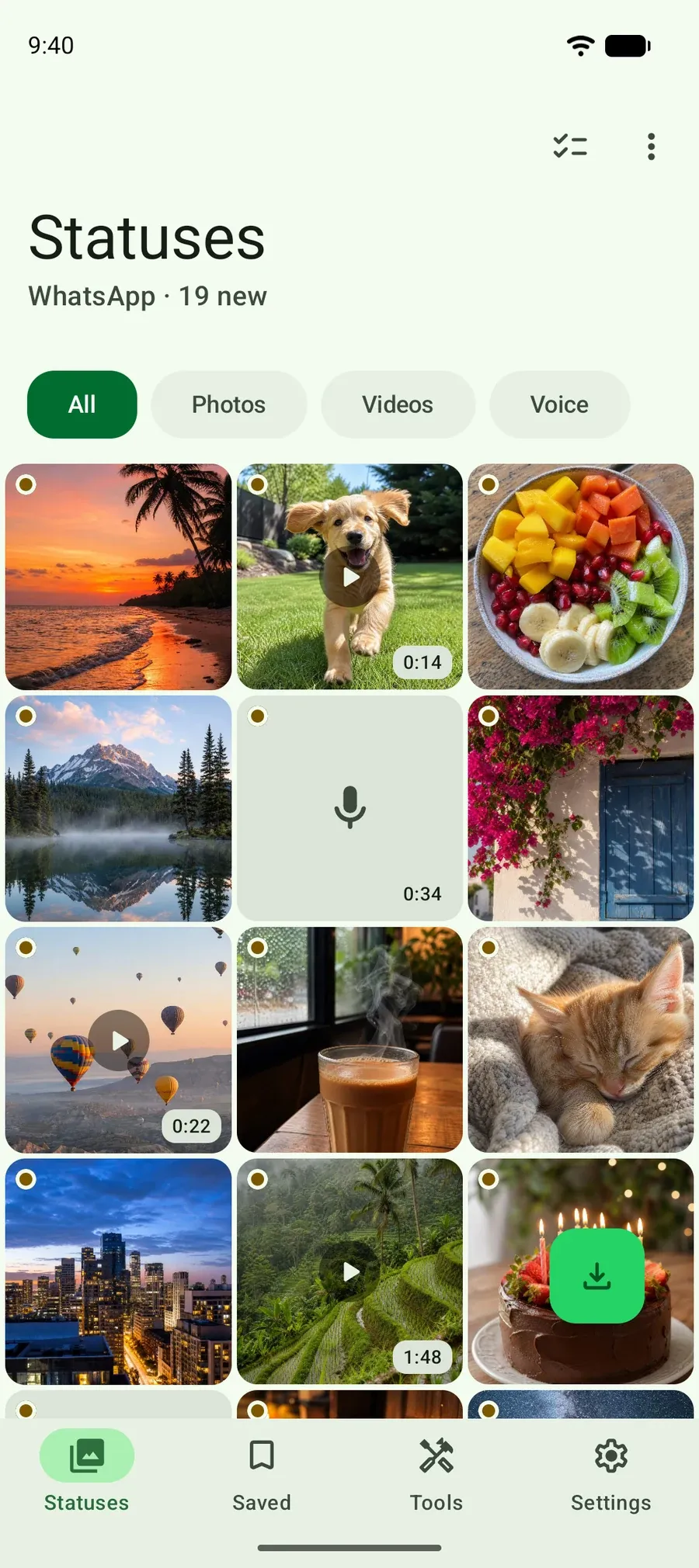 Selu app: a grid of status photos and videos you have viewed, ready to save.