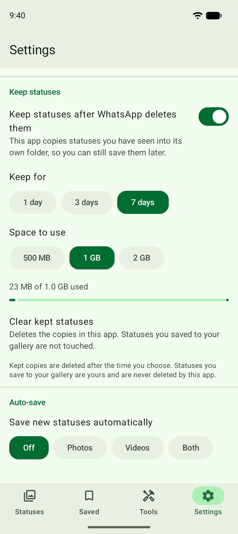 Settings to keep viewed statuses for 1, 3 or 7 days, with a space limit you choose.