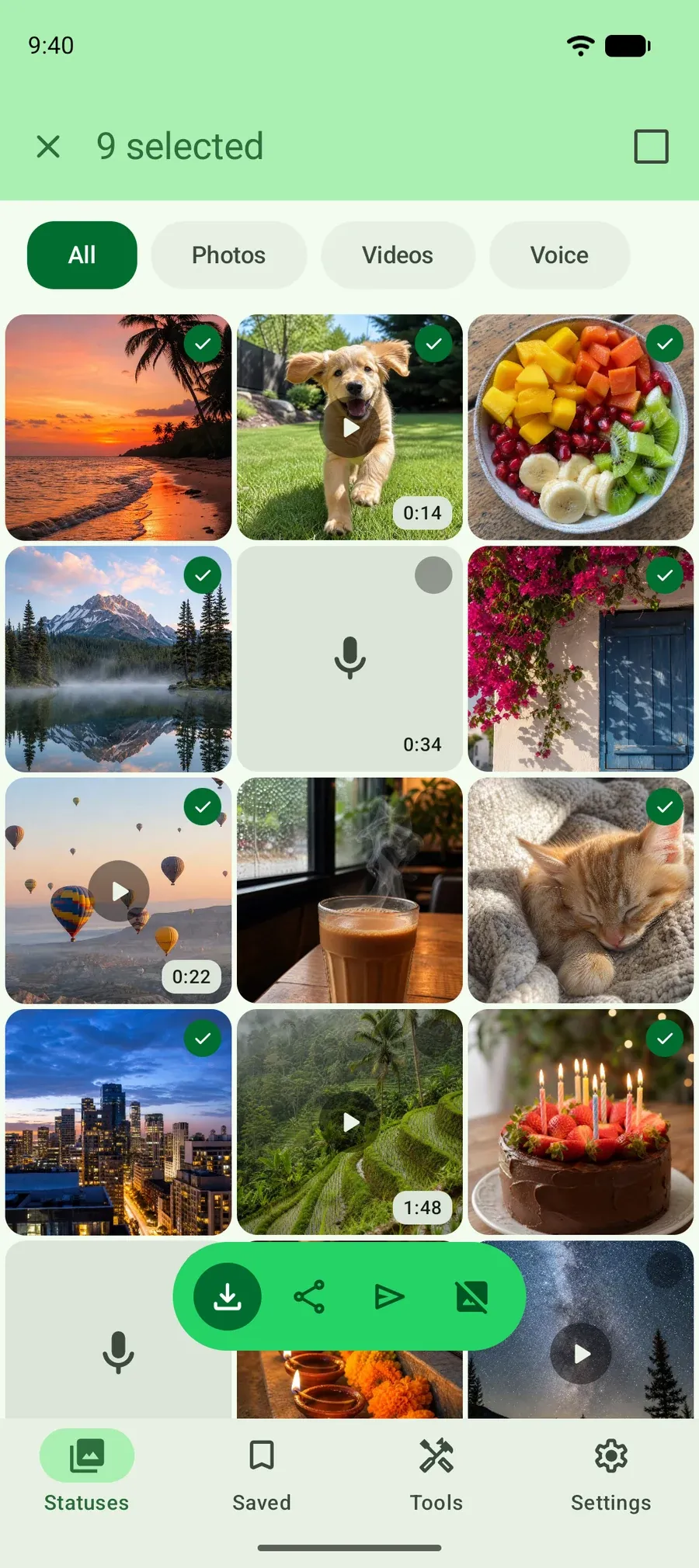 Several status photos and videos ticked in the grid, with a save button to save them all at once.