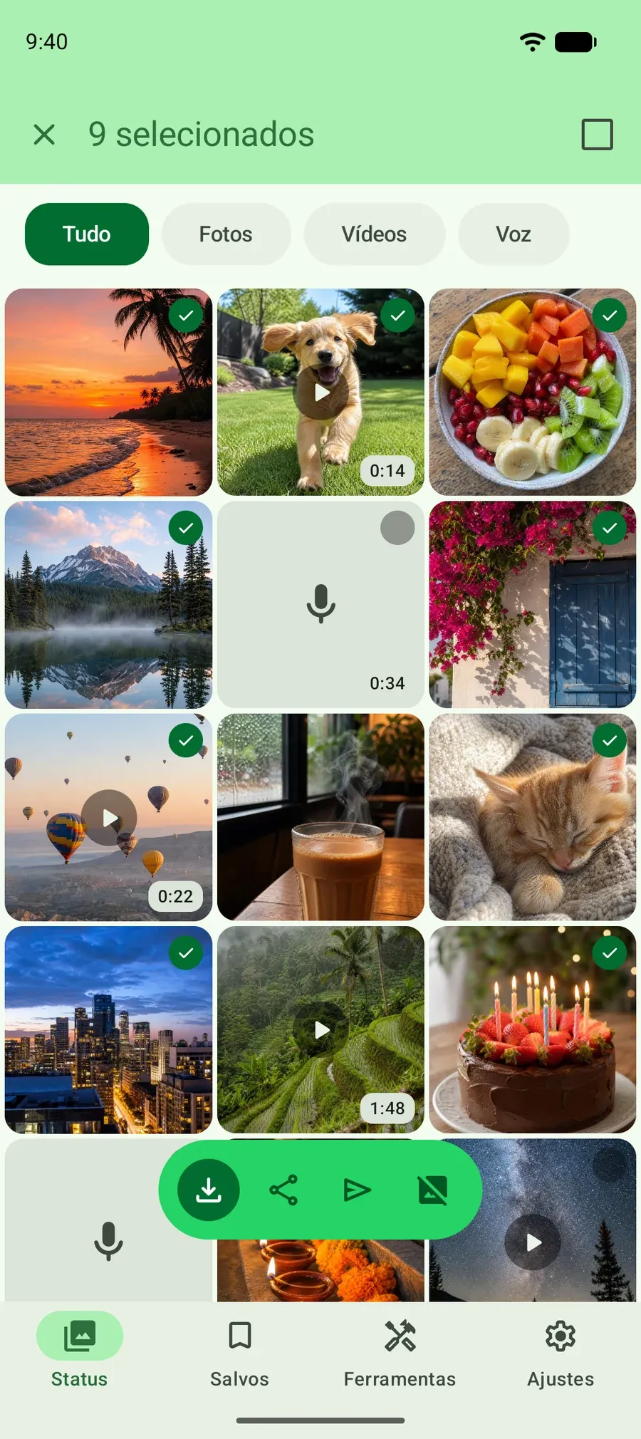 Várias fotos e vídeos de status marcados na grade, com um botão para salvar todos de uma vez.