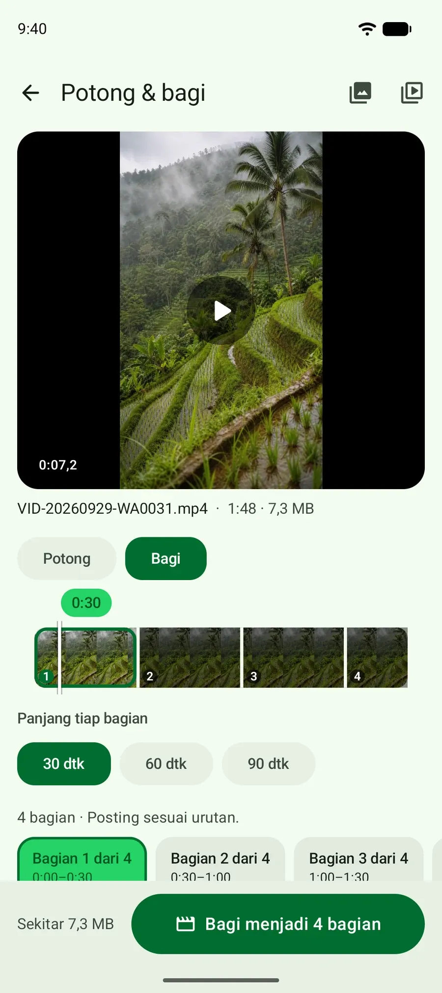 Video 1:48 dipotong menjadi empat bagian 30 detik, dengan timeline yang menunjukkan tiap bagian.