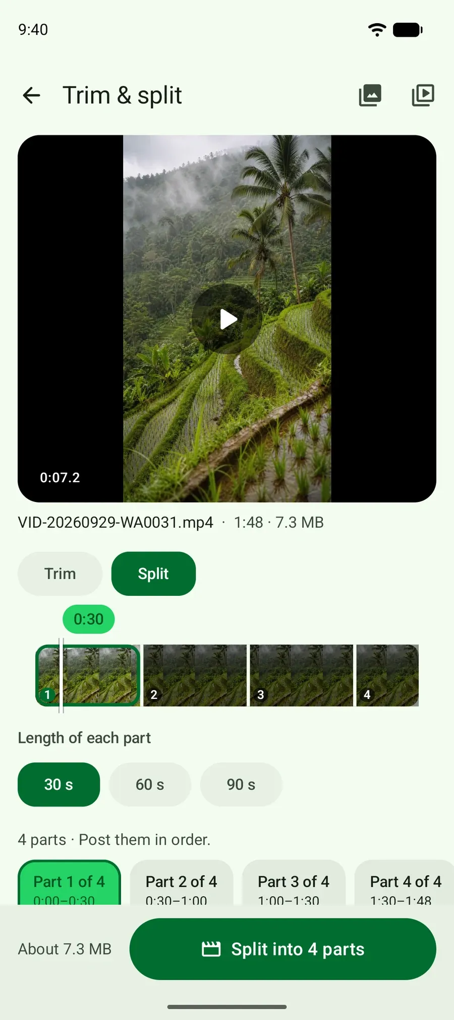 A 1:48 video cut into four 30-second parts, with a timeline showing each part.