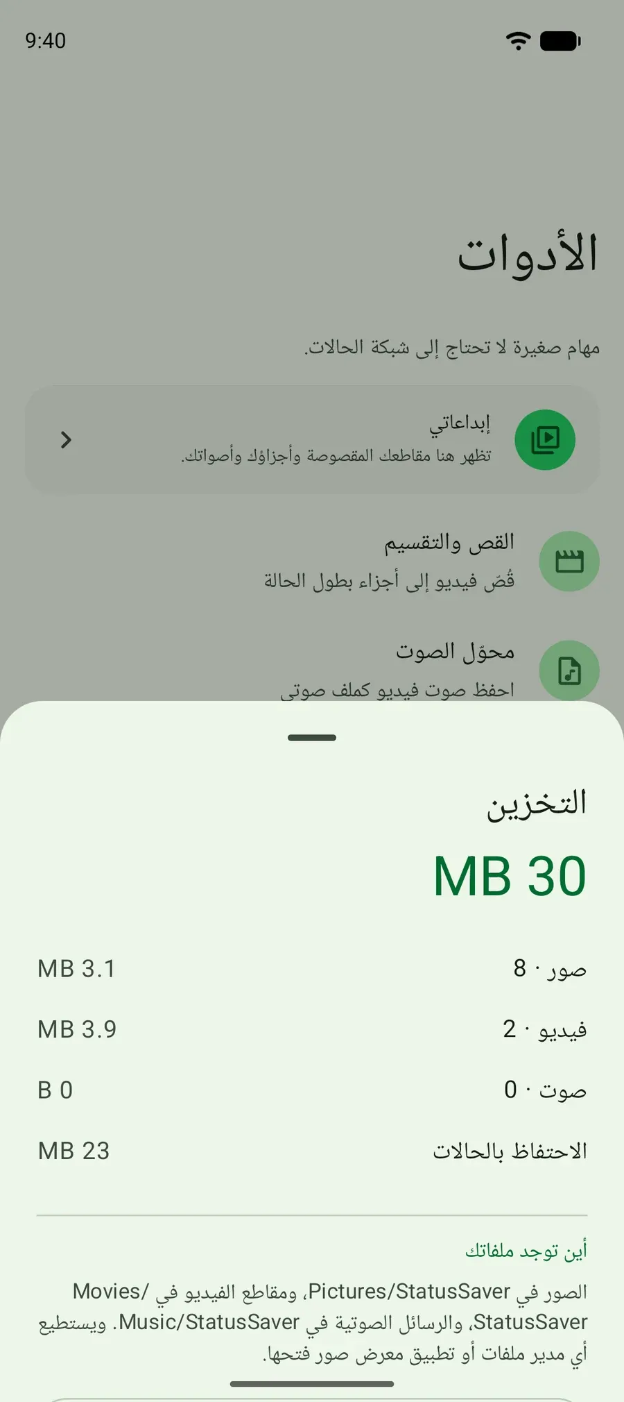 لوحة التخزين: كم تشغل الصور والفيديوهات والرسائل الصوتية المحفوظة، وأين توجد الملفات.