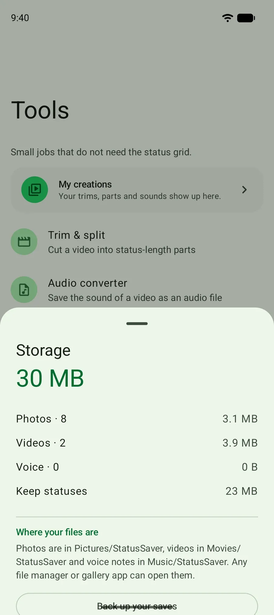 The Storage sheet: how much space saved photos, videos and voice notes use, and where the files are.