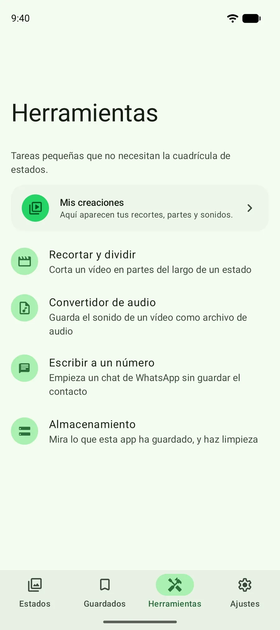 La pantalla Herramientas: recortar y dividir, convertidor de audio, escribir a un número y limpieza de espacio.