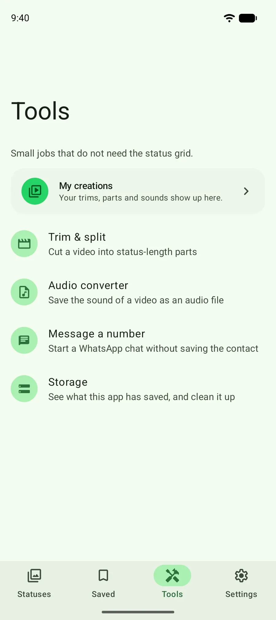 The Tools screen: trim and split, audio converter, message a number, and storage clean-up.