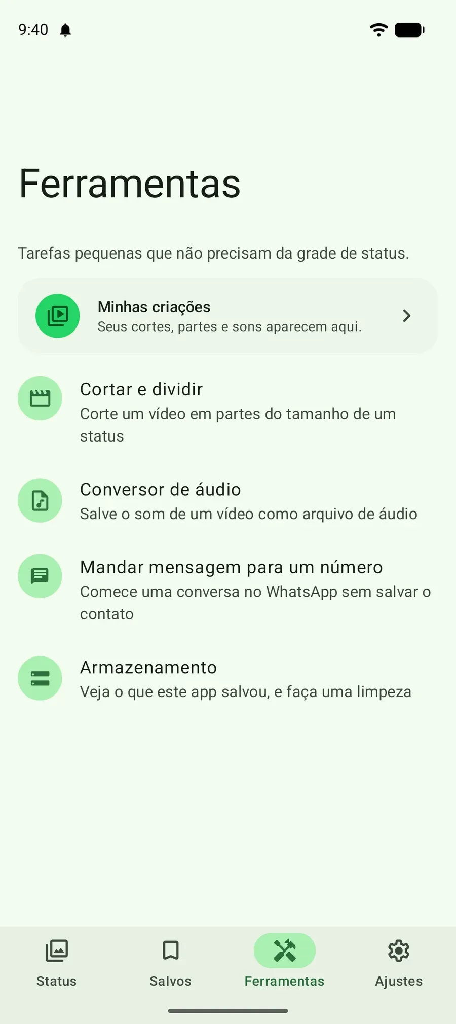 A tela Ferramentas: cortar e dividir, conversor de áudio, mensagem para um número e limpeza de armazenamento.