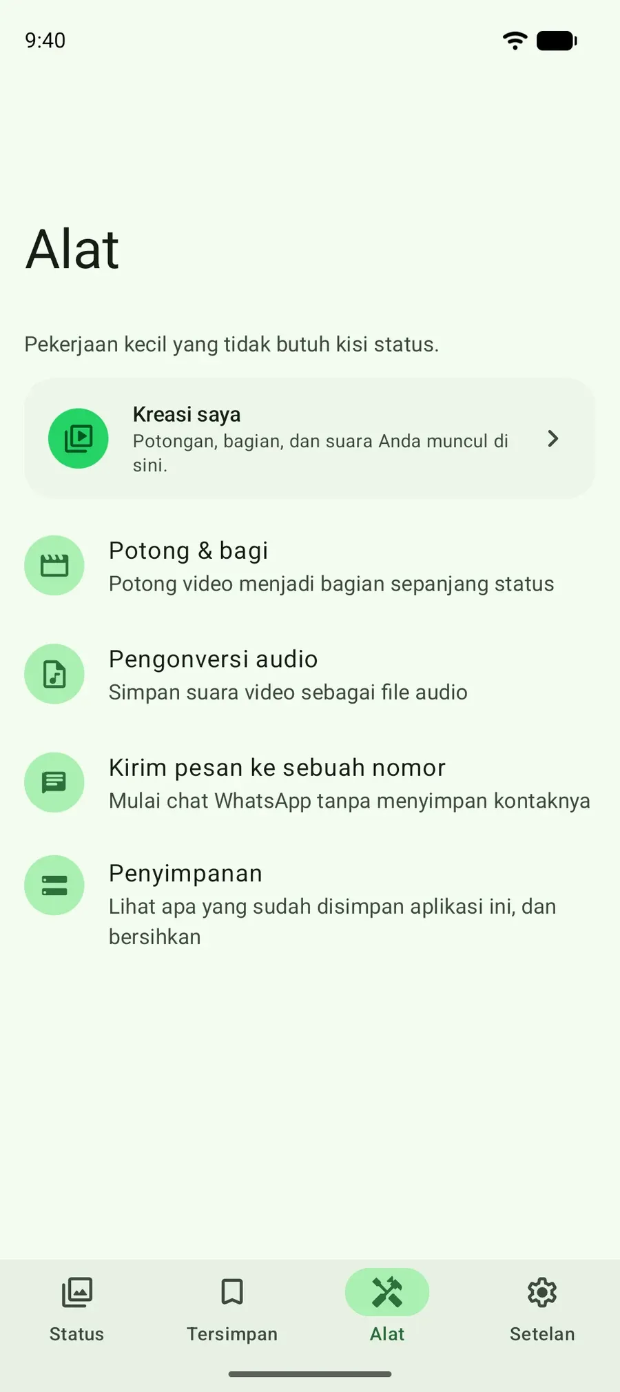 Layar Alat: potong & bagi, pengonversi audio, kirim pesan ke sebuah nomor, dan pembersihan penyimpanan.