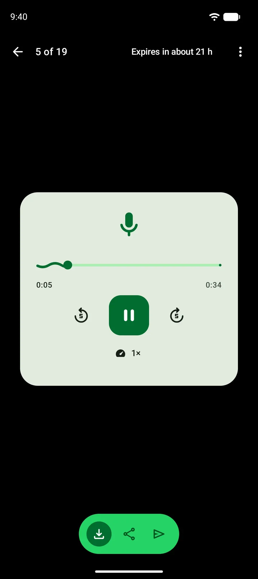 A voice status playing, with a progress bar, skip buttons, a speed control and a save button.